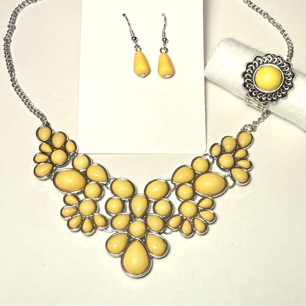 Yellow Floral Necklace Earring Stretch Ring Set